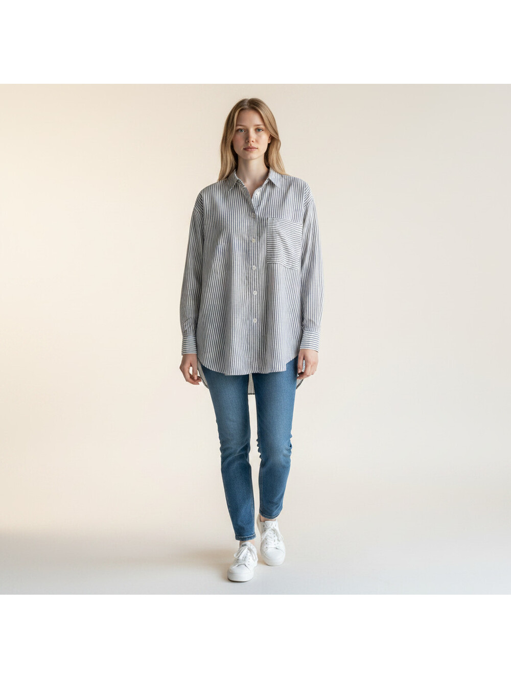 Loft Shirt Women L Large Gray Striped Button Up Collared Long Sleeve Pockets